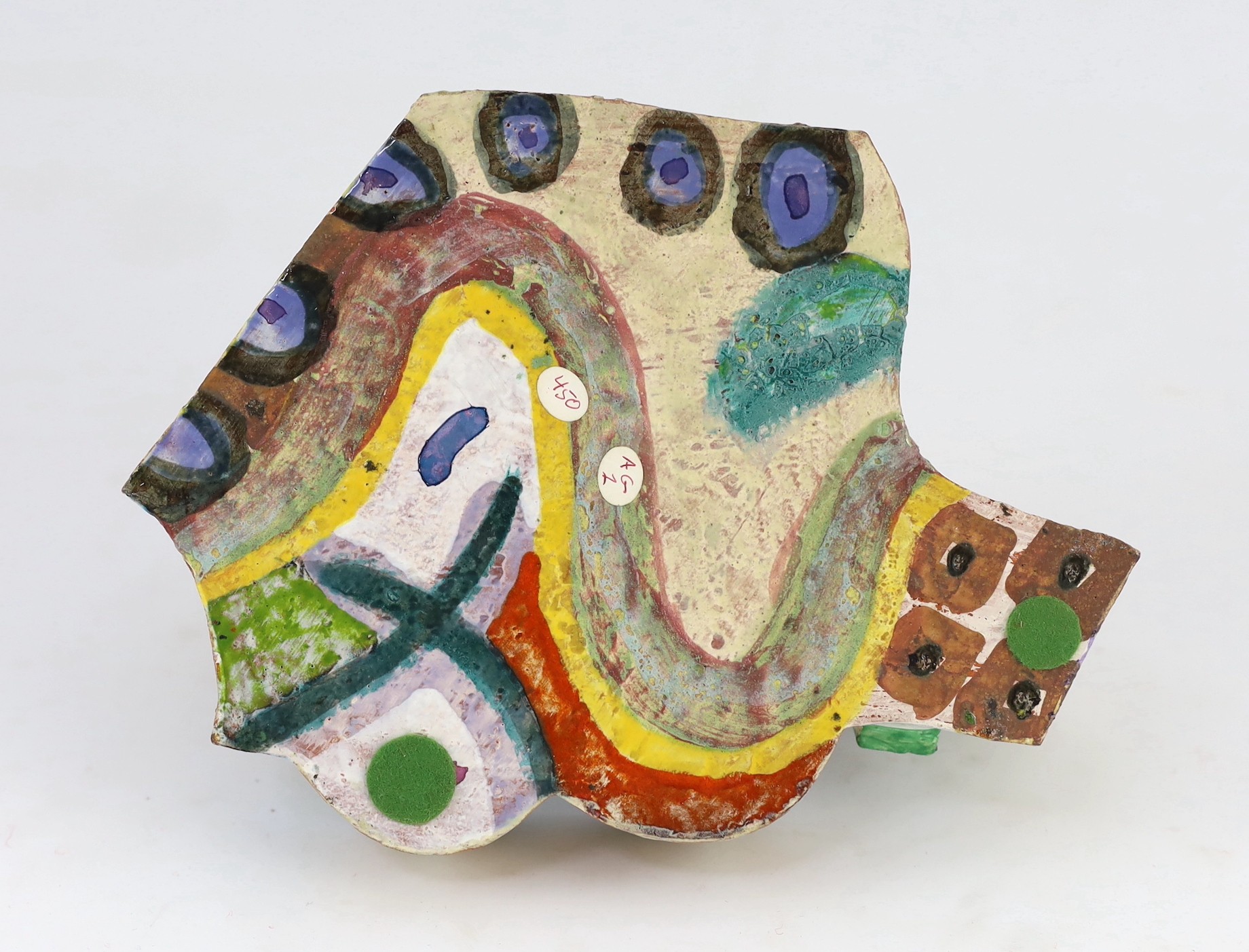 Angus Suttie (1946-1993), a multicoloured glazed stoneware dish or basket, 21.6cm wide 16.5cm high